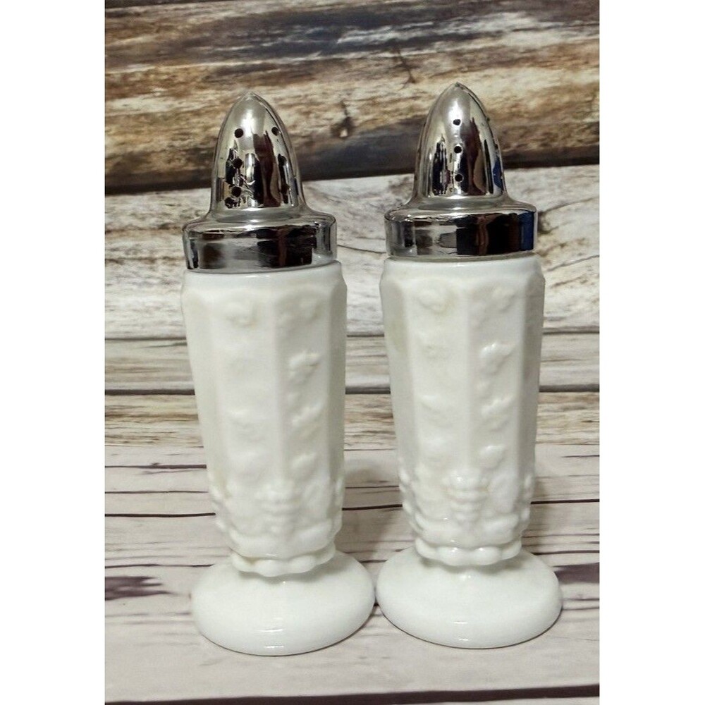 Vintage Westmoreland Milk Glass Paneled Grape Footed Salt & Pepper Shakers